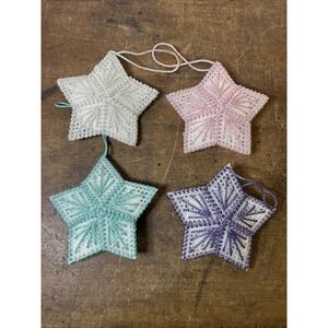 Set 4 Handmade Needlepoint Star Ornaments 3.5" Teal, Pink, Purple Silver